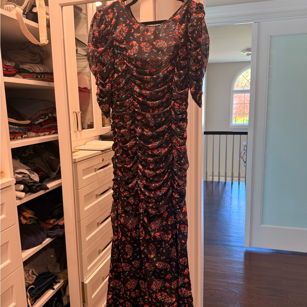 Floral Black and Red Ruched Dress